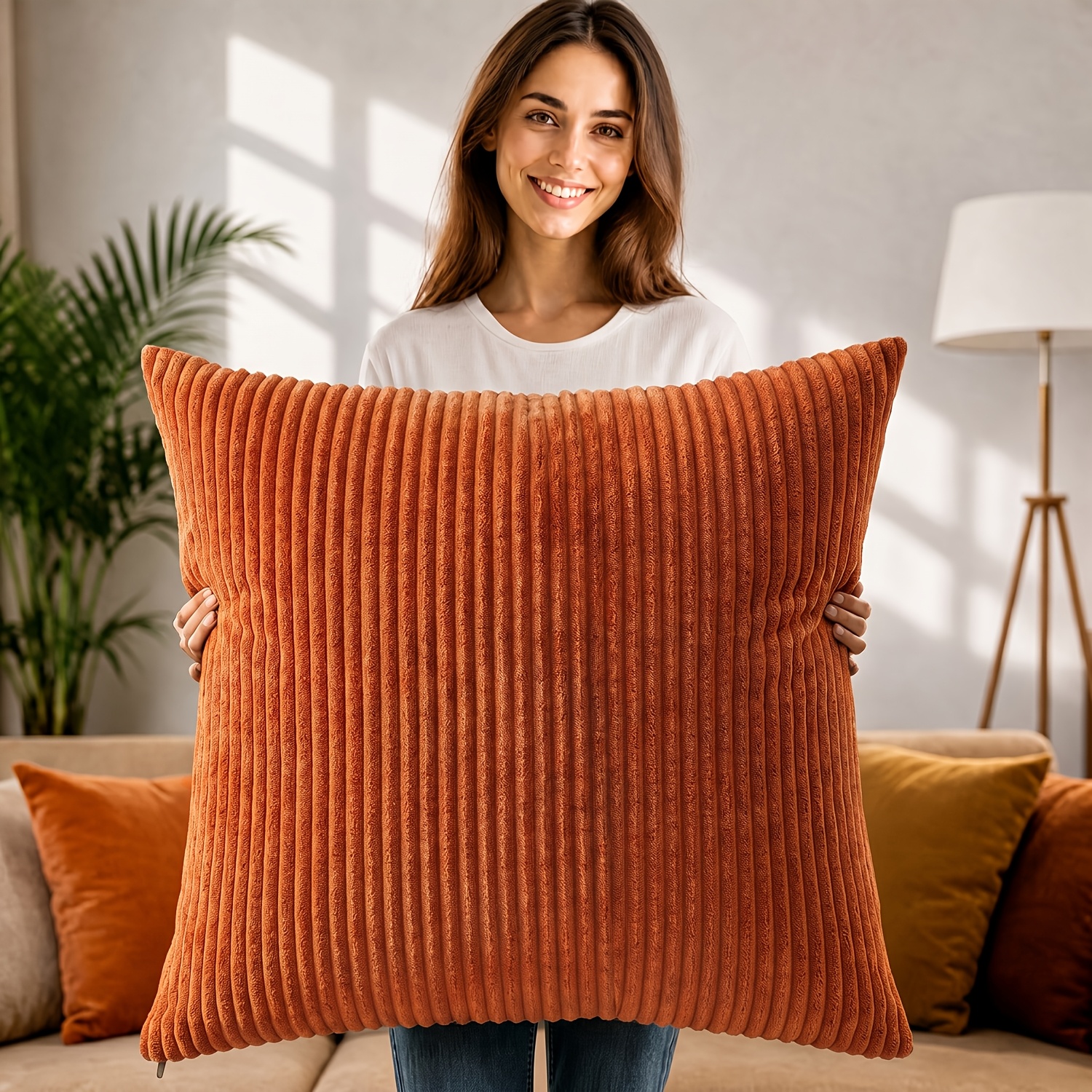 TEMU Housse de coussin décorative en velours texturé à rayures douces, pièce unique. Housse de coussin surdimensionnée 65 , coussin de sol pour des