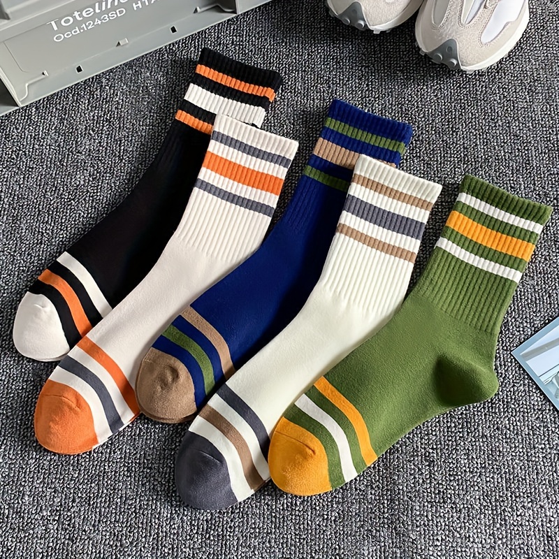 

5 Pairs Of Men's Cotton Blend Color Stripe Crew Socks, Anti Odor & Sweat Absorption Breathable Socks, For All Seasons Wearing