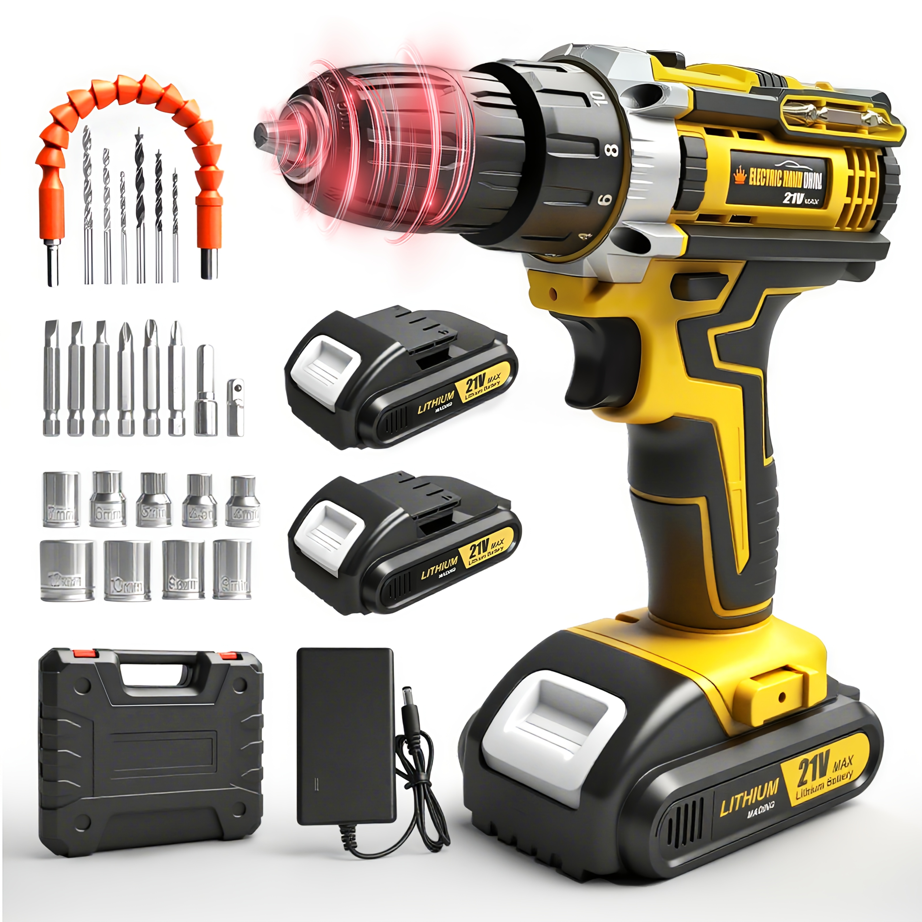 TEMU Perceuse fil au lithium-ion, avec batterie et chargeur, auto-serrant de 3/8 de pouce, vitesse variable, 16 positions et 24 mèches. Disponible
