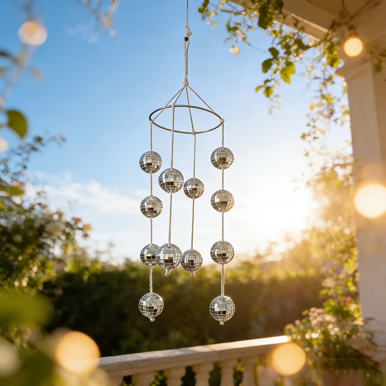 E-shop Ein Sonnenfänger aus 12 Disco-Kugeln, geeignet für Innen- Außenbereich. Ein handgefertigter, hängender, geräuschloser Windspiel-Sonnenfänger für