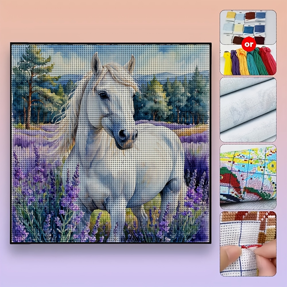 White Horse in Lavender Field Cross Stitch Kit, 11CT