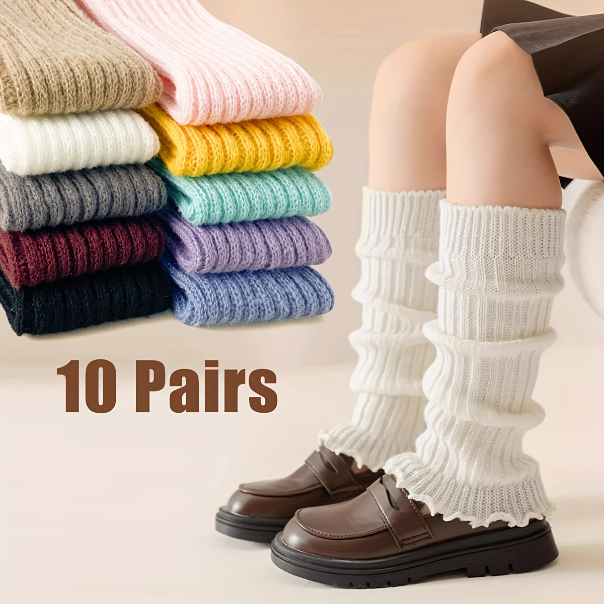 Image of 10 Pairs Girls' Leg Warmers, Children'-color Slouchy Calf Warmers, Suitable For