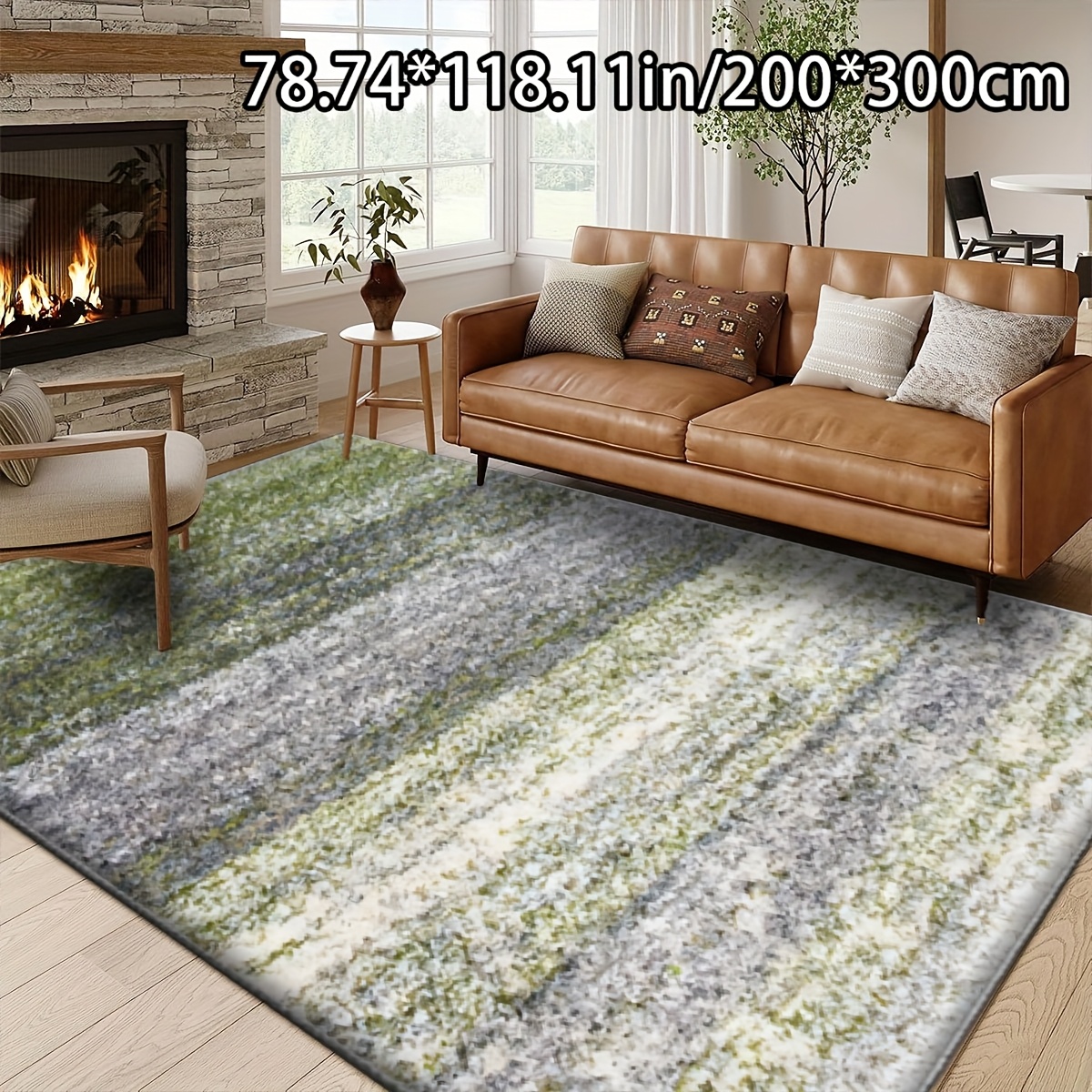 TEMU Soft Plush   Dotted Plastic Bottom, Green-gray Striped Textured Decorative Pattern. Home Decor Rug, Versatile Back-to-school Decorative Style,