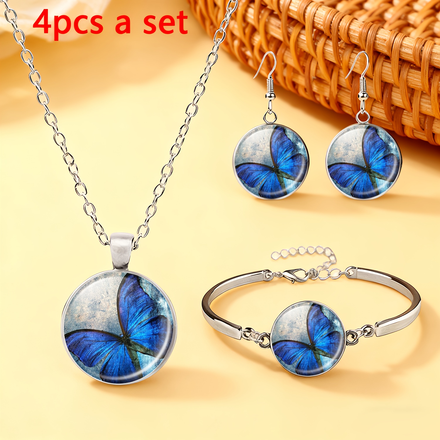 TEMU 4pcs Set White Jewelry Set Includes 1 Necklace, 1 Bracelet, And 1 Pair Of Earrings. Featuring A Blue With , Clear Texture, And A Background In