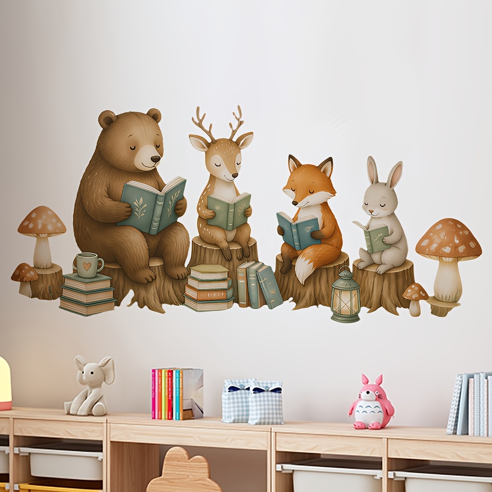TEMU 1pc Watercolor Jungle Cute Reading Wall Sticker, Forest Animals Sitting On Reading With Mushrooms, Books, Lantern Elements For Room Baseboard