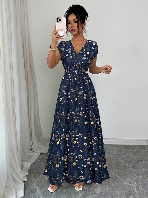 womens floral print v neck sleeveless high waist maxi dress