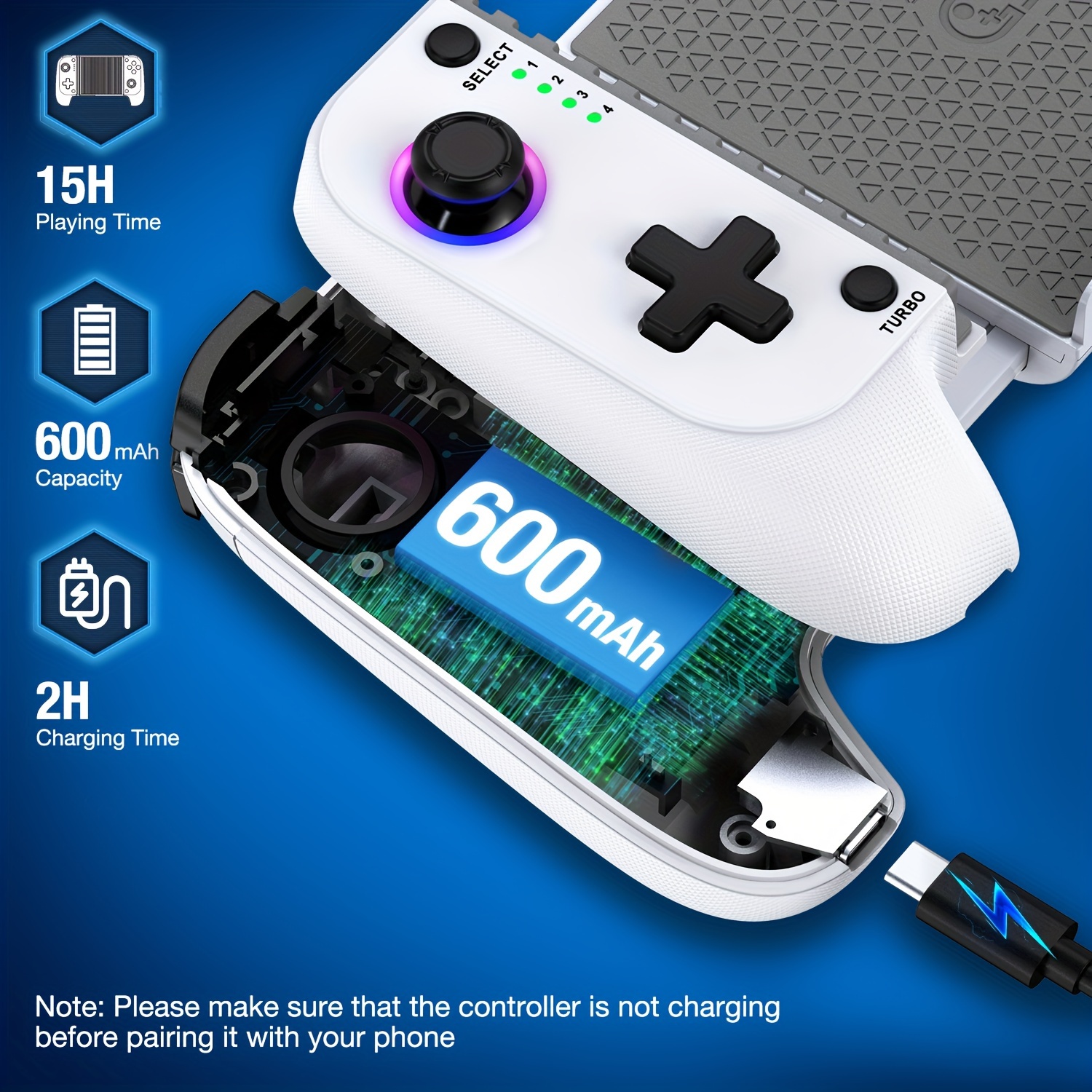 Manette de jeu mobile sans fil pour téléphone, compatible iPhone/Android avec joystick Hall, manette RGB pour iPhone, supporte la manette Cloud Android (uniquement pour téléphone mobile)