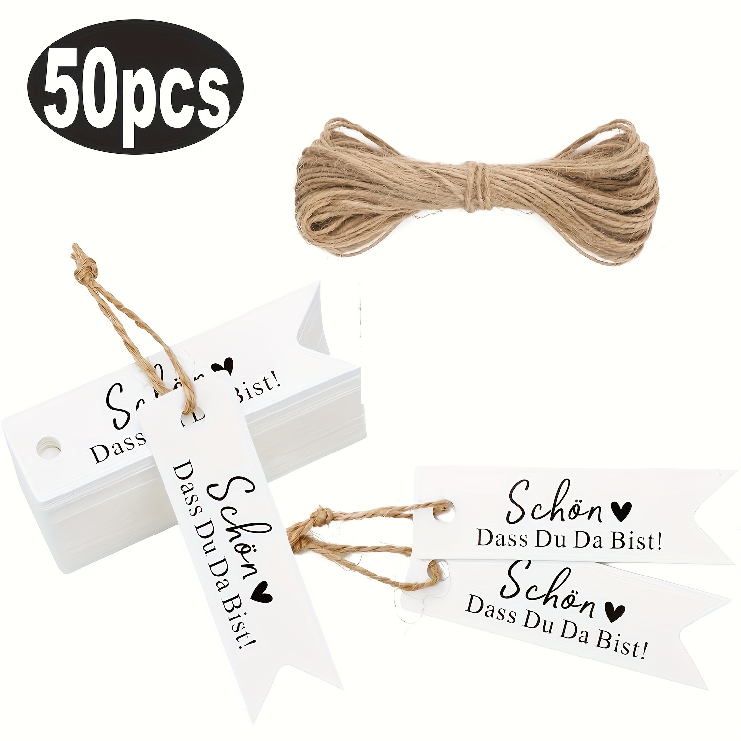 E-shop 50 Stück "" Geschenkanhänger-Set, 10,5x3 cm mit 10 m Juteschnur für Aufhängeschilder – Ideal für Geburtstags- und Hochzeitsdekoration &