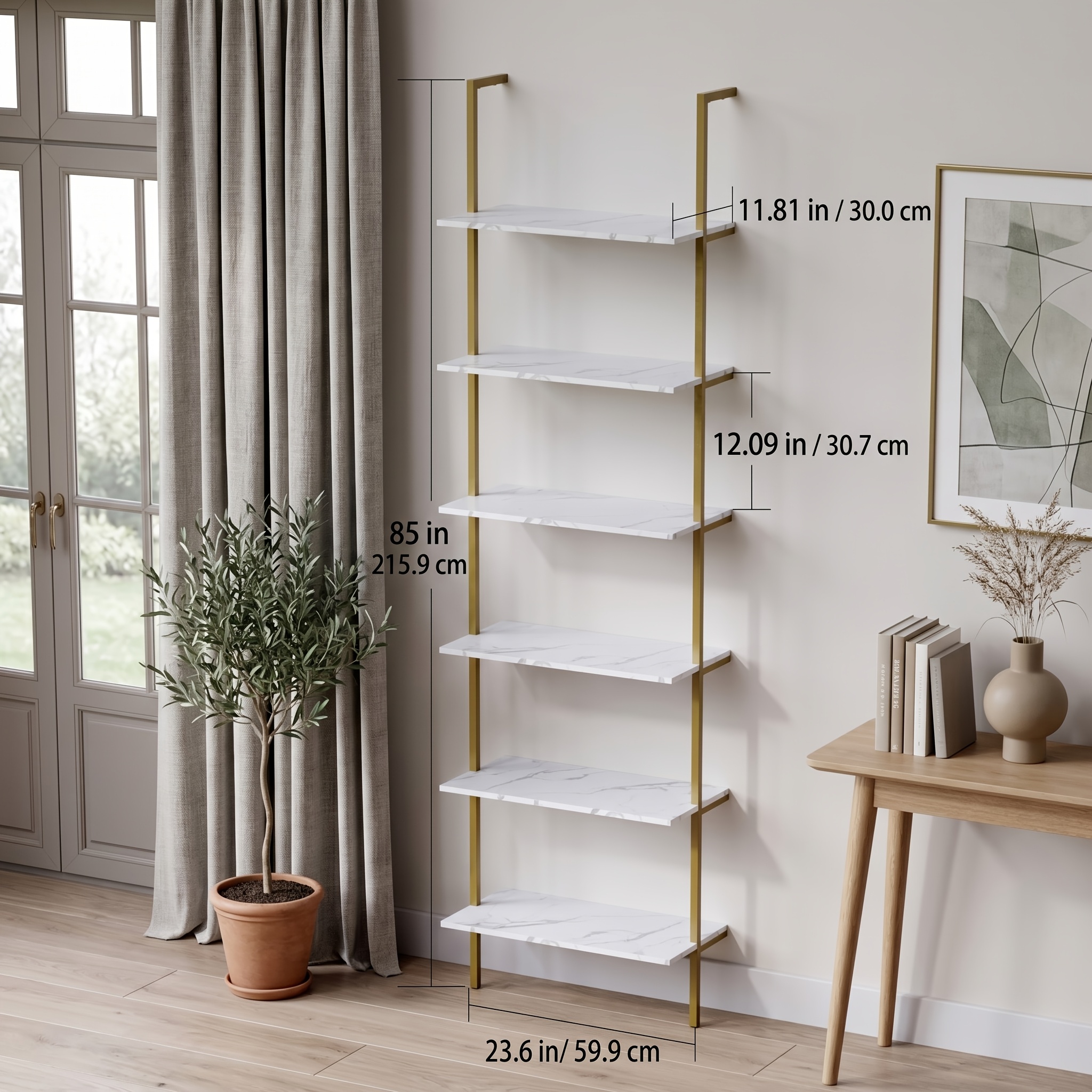 6 Tier Industrial Wall Mounted Shelves, White Faux Marble Floating Shelves, Open Storage Display Plant Rack for Living Room Kitchen Bedroom Office