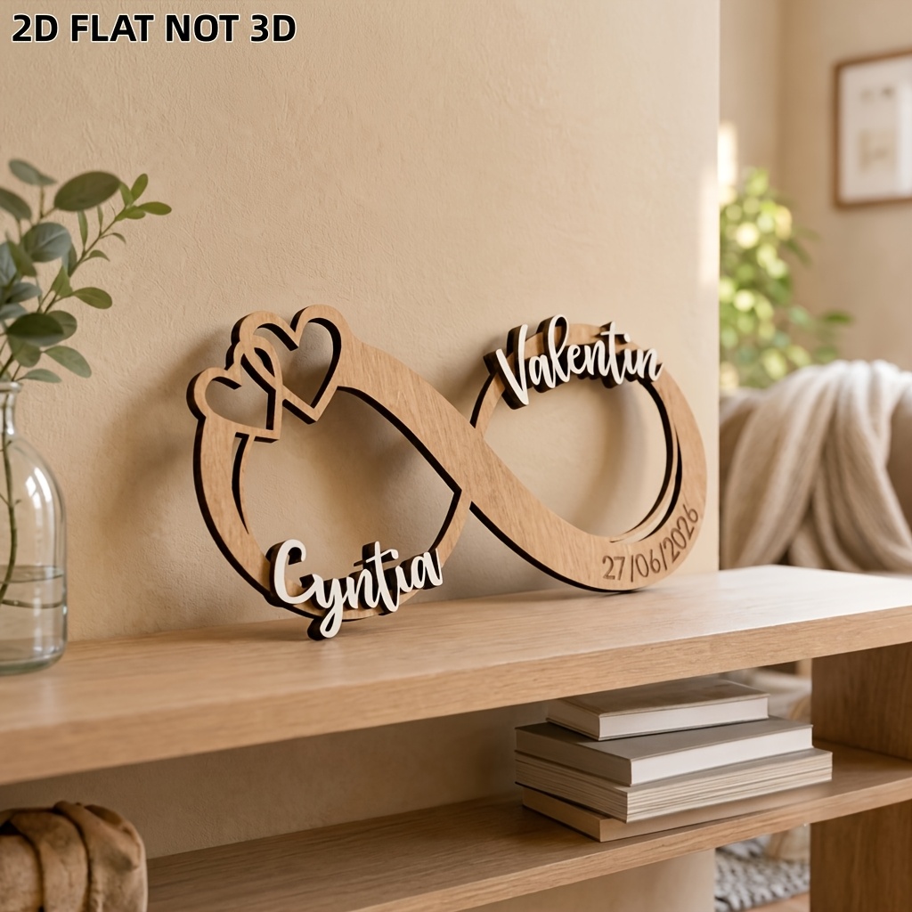TEMU 2d Flat - Custom Engravable Date 2d Flat Heart Infinite Shape Wooden Hollow Ornament Couple Commemorative Moment Desktop Decoration Love Niche