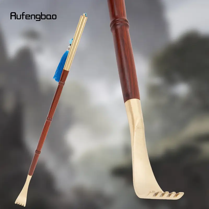 wooden scratcher back massager ergonomic handle with blue ribbon smooth curved design for reach areas durable red golden for personal use tool selfmassage aid elegant personal care polished wood durable wood craft wood home relaxation Product details 0