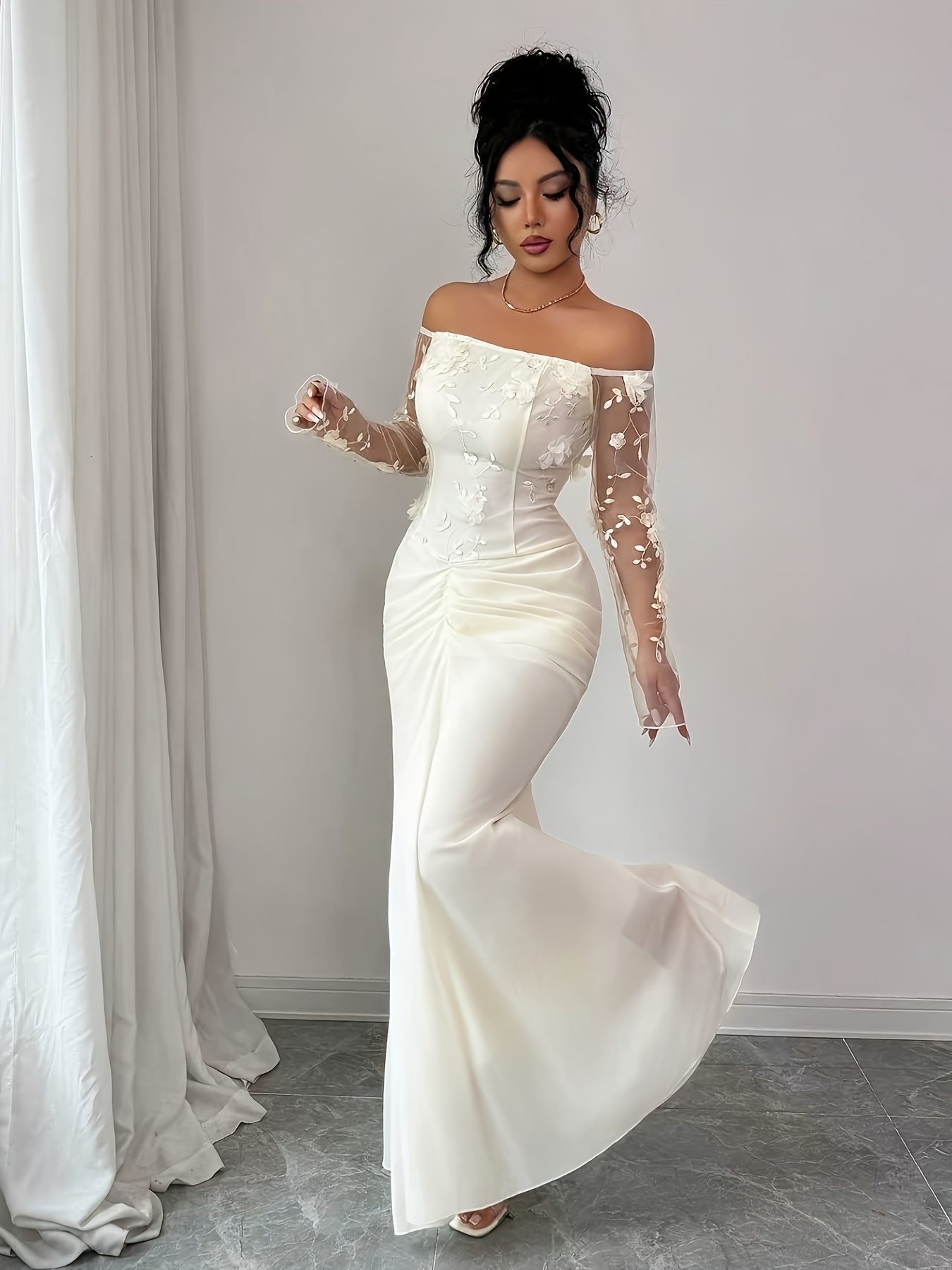 solid lace-up off shoulder ruffles ruched dress Shop 24/7 for Celebrity & Influencer Looks