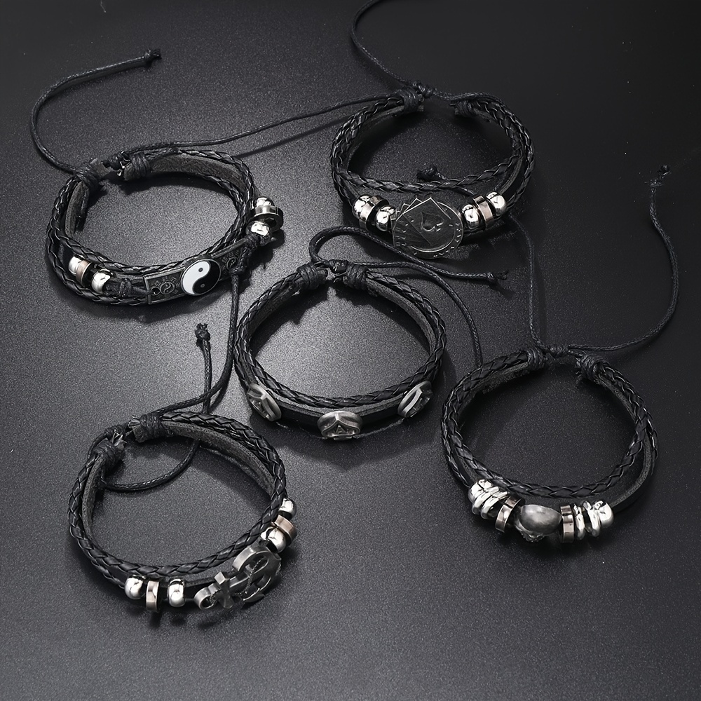Conjunto de 5 Pulseras de Cuero Sintético con Encanto de Calavera y Tai Chi Estilo Hip Hop Punk para Hombres - Multicapa, Diseño Yin Yang