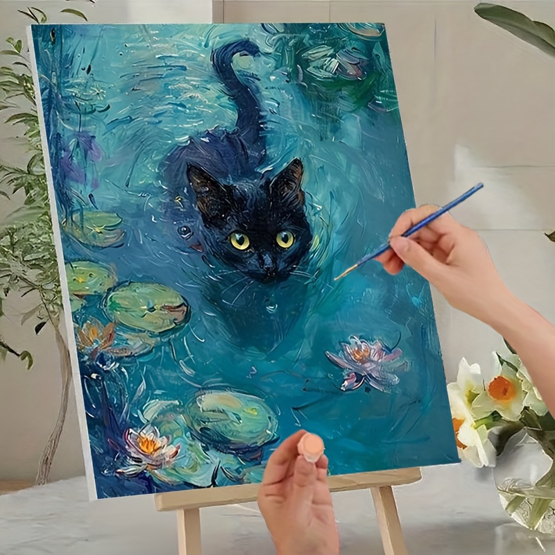 Image of [professional Art Use] 1pc Beginner-friendly Adult Digital Painting Kit - Includes Acrylic Paints, Canvas, 3pcs Brushes, And Manual | Acrylic Painting Black Cat Sleeping On Water Lily