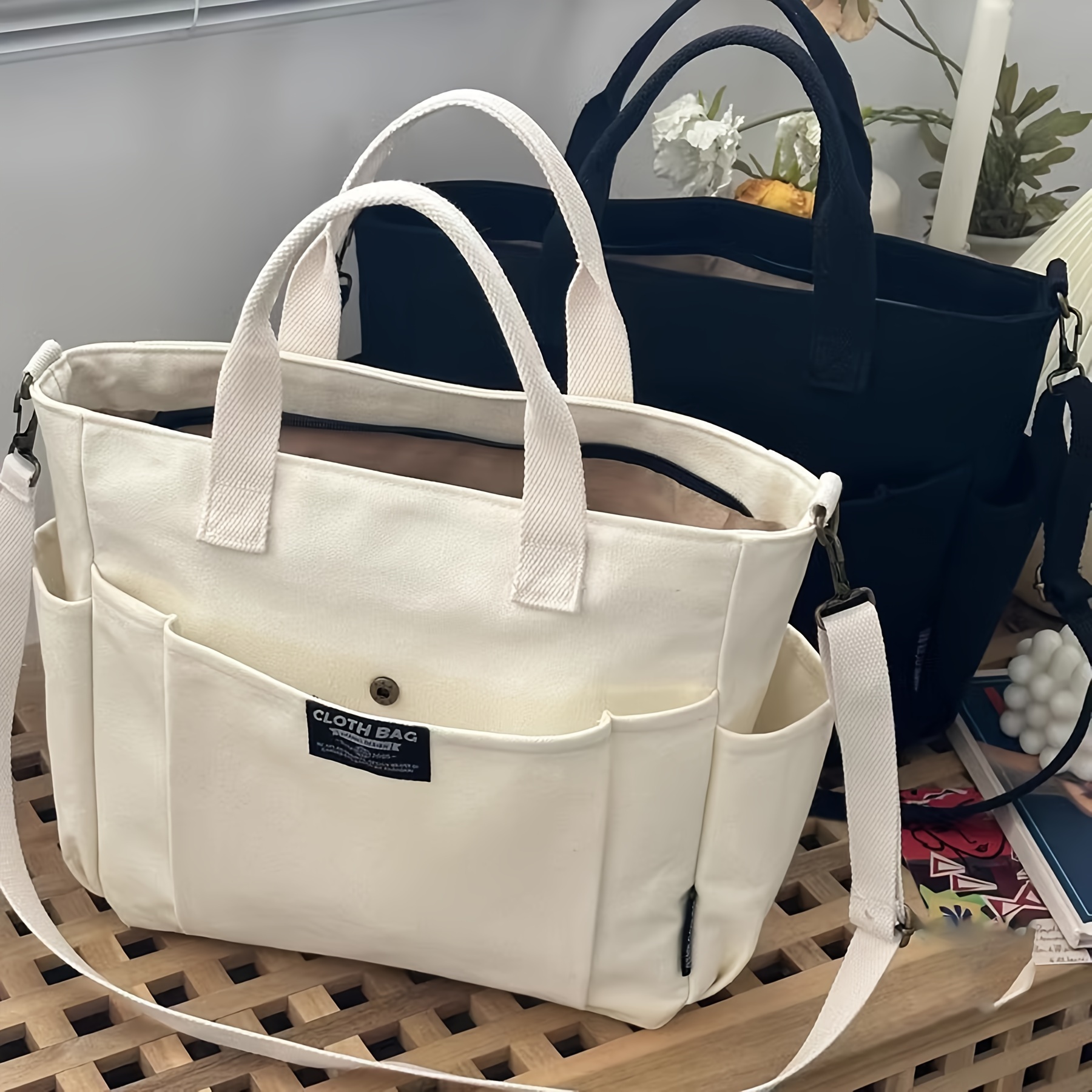 

Chic White Canvas Tote Bag For Women - Spacious Shoulder & Crossbody Handbag, Work, Travel & Gifts