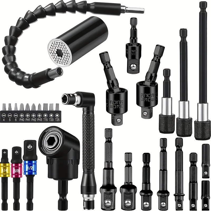 A 31pcs Universal Tool Set That Includes a Flexible Shaft, Quick-Change Adapter, Impact Wrench Socket Adapter, Right-Angle Screwdriver Bit Holder, Magic Socket, And Extension Bar - a Chromium-Vanadium Steel Uncharged Tool Kit.