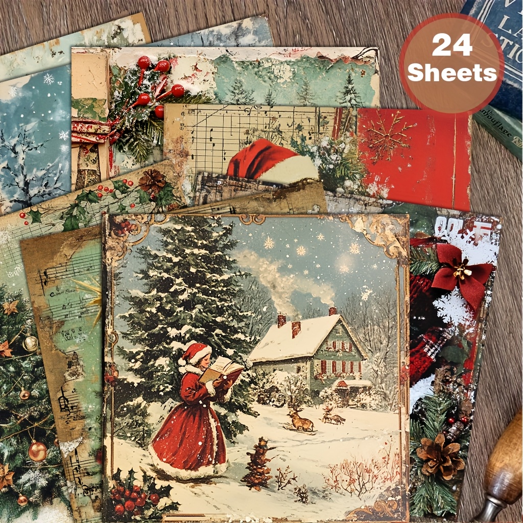 Image of 24 Sheets Of 6x6 Inch Vintage Christmas Snow Scene Stickers, Suitable For Collage, Origami Decoration Paper, Diy Crafts, Scrapbooking, Journals, Greeting Cards, Gift Wrapping, And Home Decor