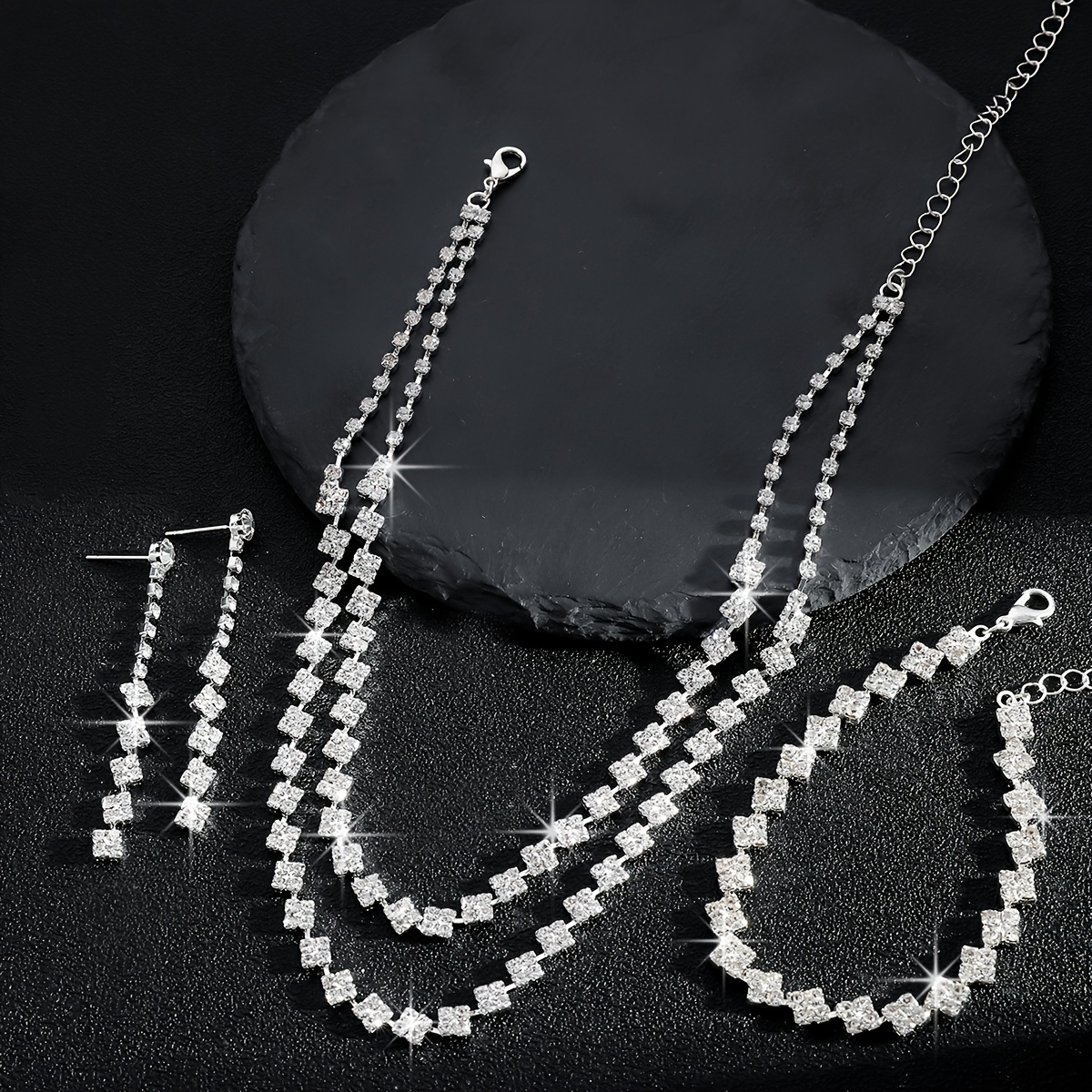 Sparkling Rhinestone Double Layer Necklace and Earrings Set for Bride