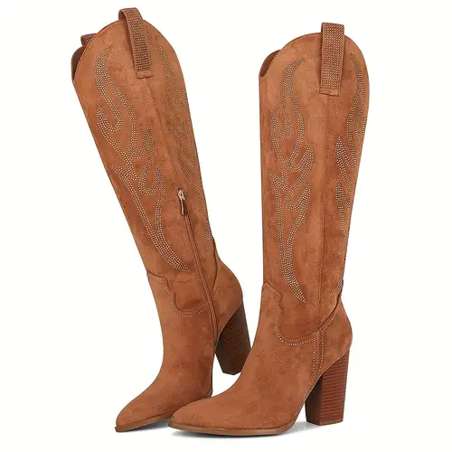 women western boots calf chunky high heel glitter pointed toe side zipper knee high shoes vintage retro elegant cowgirl boots