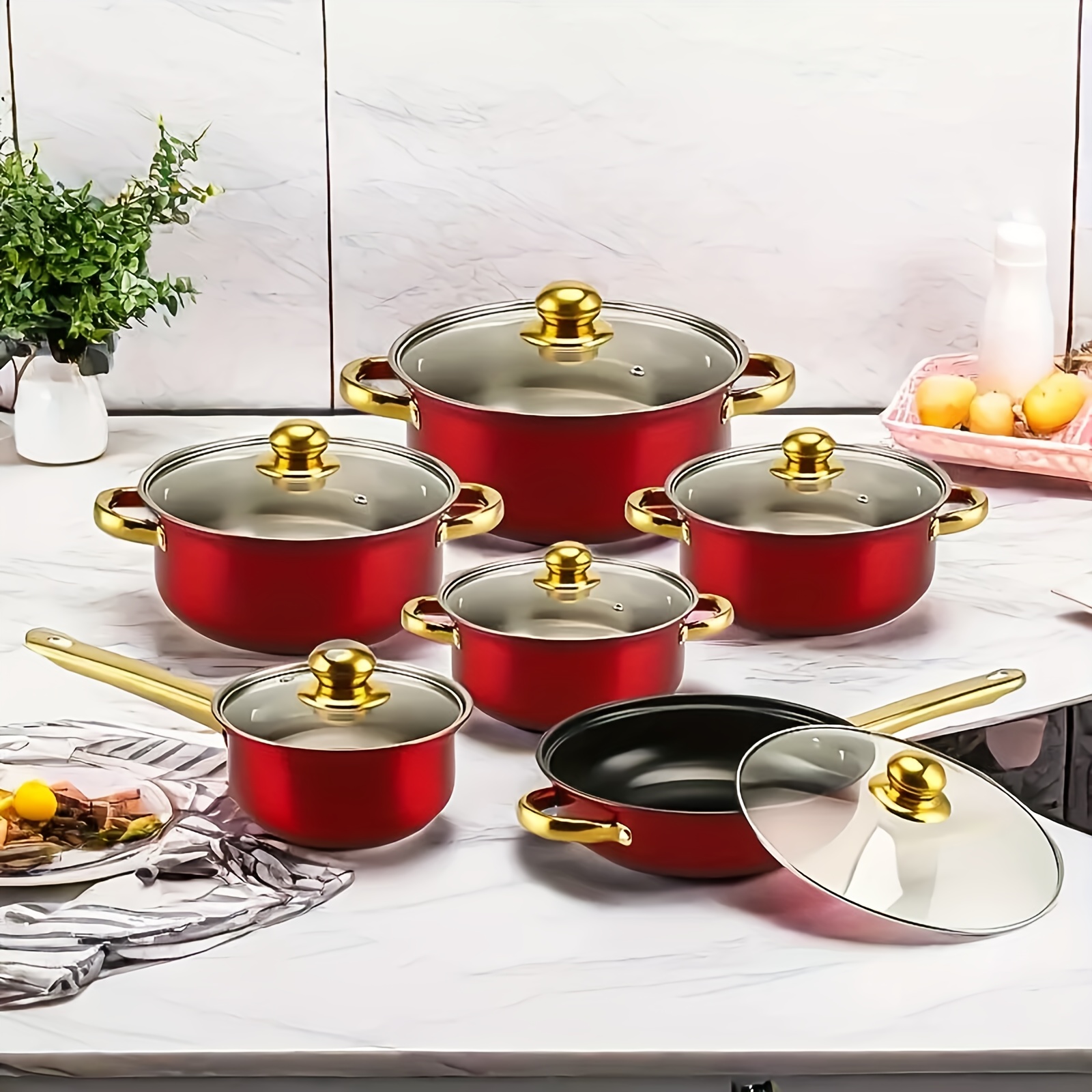TEMU Ensemble de Batterie de en Acier Inoxydable 12 Pièces, Poêle Antiadhésive, Casserole, , Durable, Polyvalent, Élégant, Facile à Nettoyer, Idéal