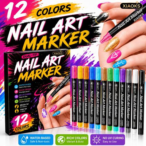 Artikelbild soft-tip-nagelkunststifte, 12-tlg. doppelseitige acryl-marker, wasserfeste, schnelltrocknende, wasserbasierte nagelkunststifte, backfrei kratzfest, für einfache diy-erstellung von filigranen musterdesigns. einfach in jeder umgebung zu verwenden, gleicher stil wie auf instagram, professionelle