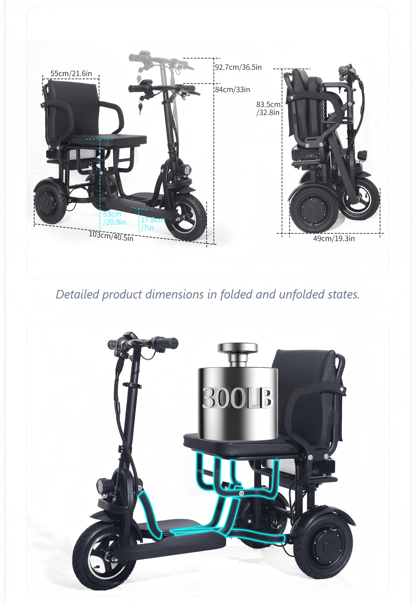 3 wheel electric scooter for seniors, 500w dual motor lightweight folding mobility trike, 300 lbs capacity, airline approved removable battery for travel Product details 11
