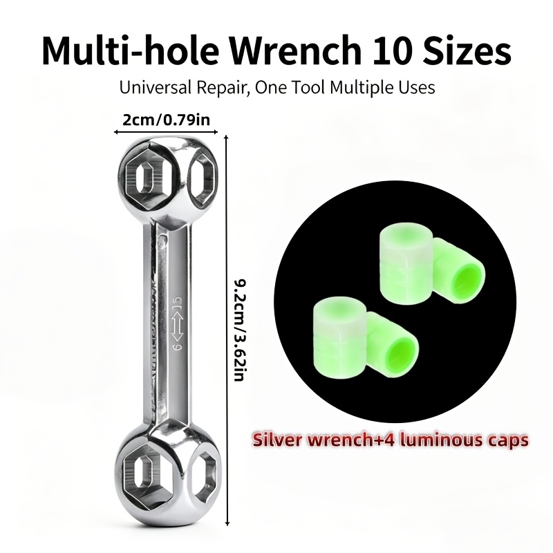 TEMU 5pcs Multi Socket Wrench Set, Universal 6-15mm 10-in-1 Hex Spanner + 4pcs Glow In Dark Luminous Tire Valve Caps, Portable Repair Hand Tool For