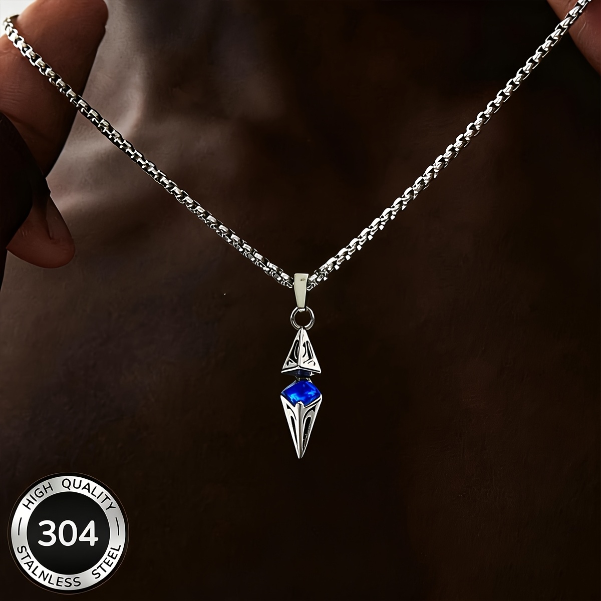 TEMU Rhombus Blue Synthetic Cubic Zirconiaia Pendant Necklace With 304 Stainless Steel Box Chain, Featuring A Stylish And Elegant Design For A Cool