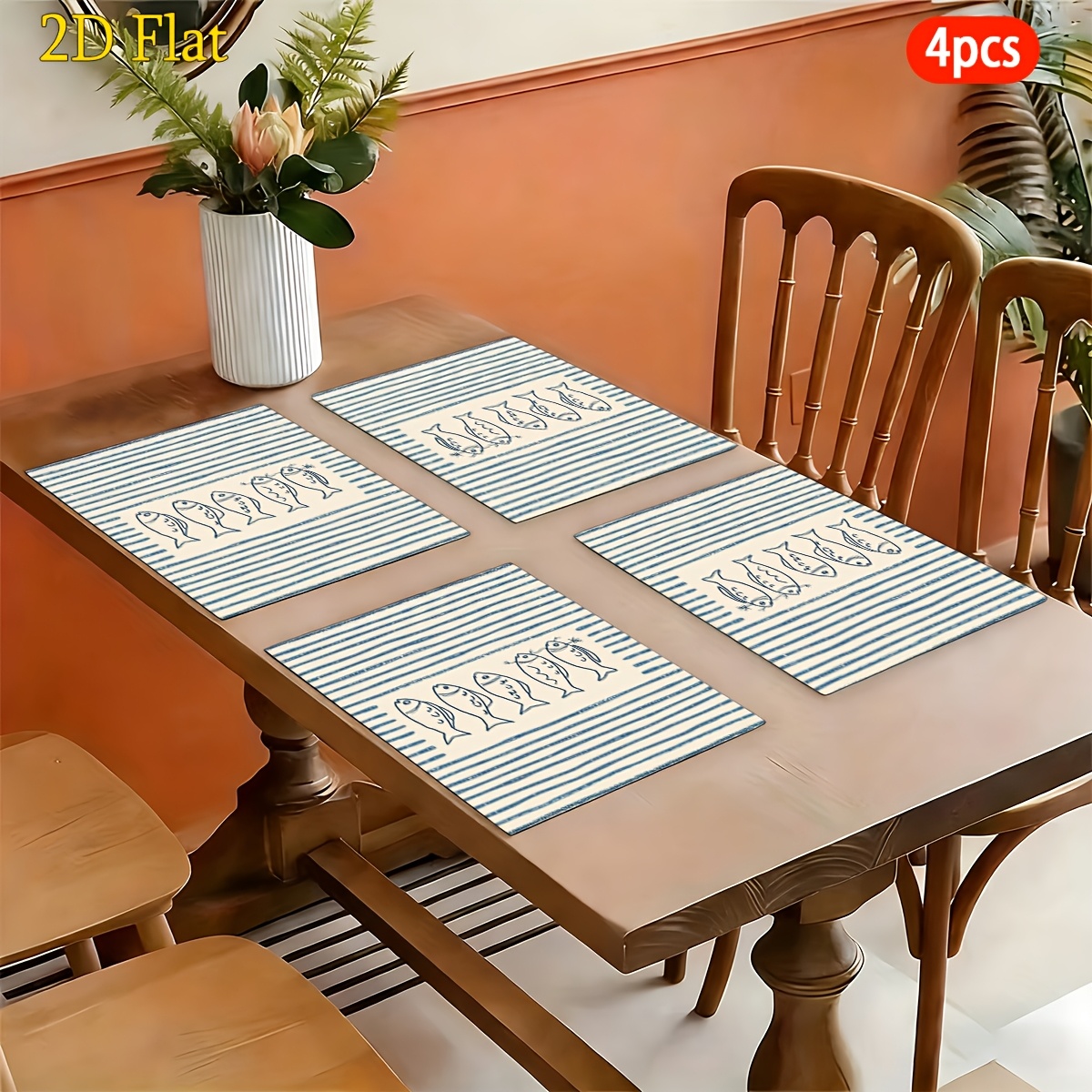 TEMU 2d Flat, 4pcs Placemats, Fish Pattern On Striped Background, Patterned Tableware Mats, Suitable For Kitchen, Wedding Decoration, Warm Festive