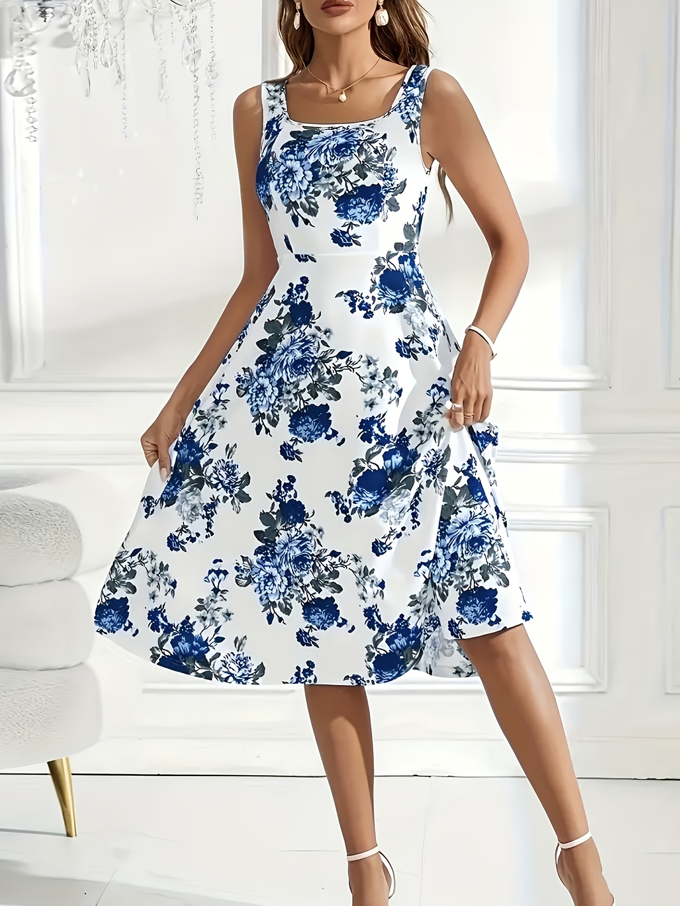 women's elegant floral print sleeveless midi dress square