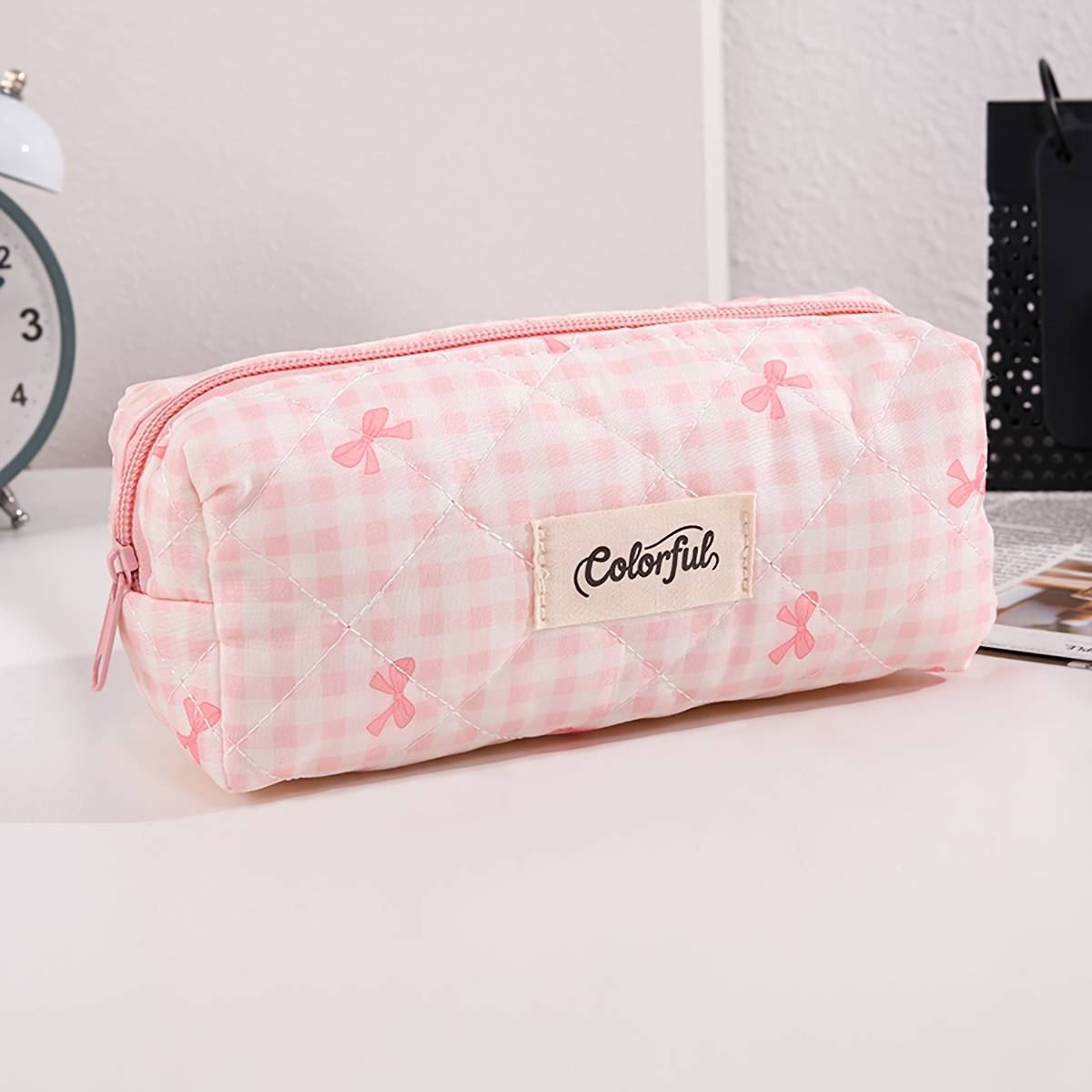 TEMU Trousse à crayons vintage à nœud papillon imprimé, pochette de rangement pour fournitures de papeterie à motif à carreaux dégradés, un cadeau de