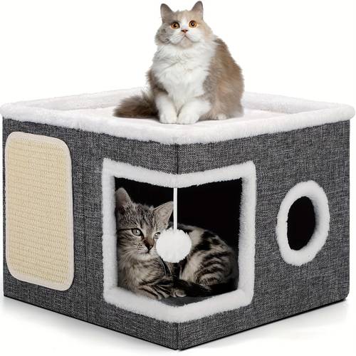 luxurious multi level cat bed with double layer bed toy and foldable scratching post comfortable indoor cat cube bed with plush hanging ball nylon frame and canvas structure space saving foldable design 16 5 x 16 5 x 13 inches