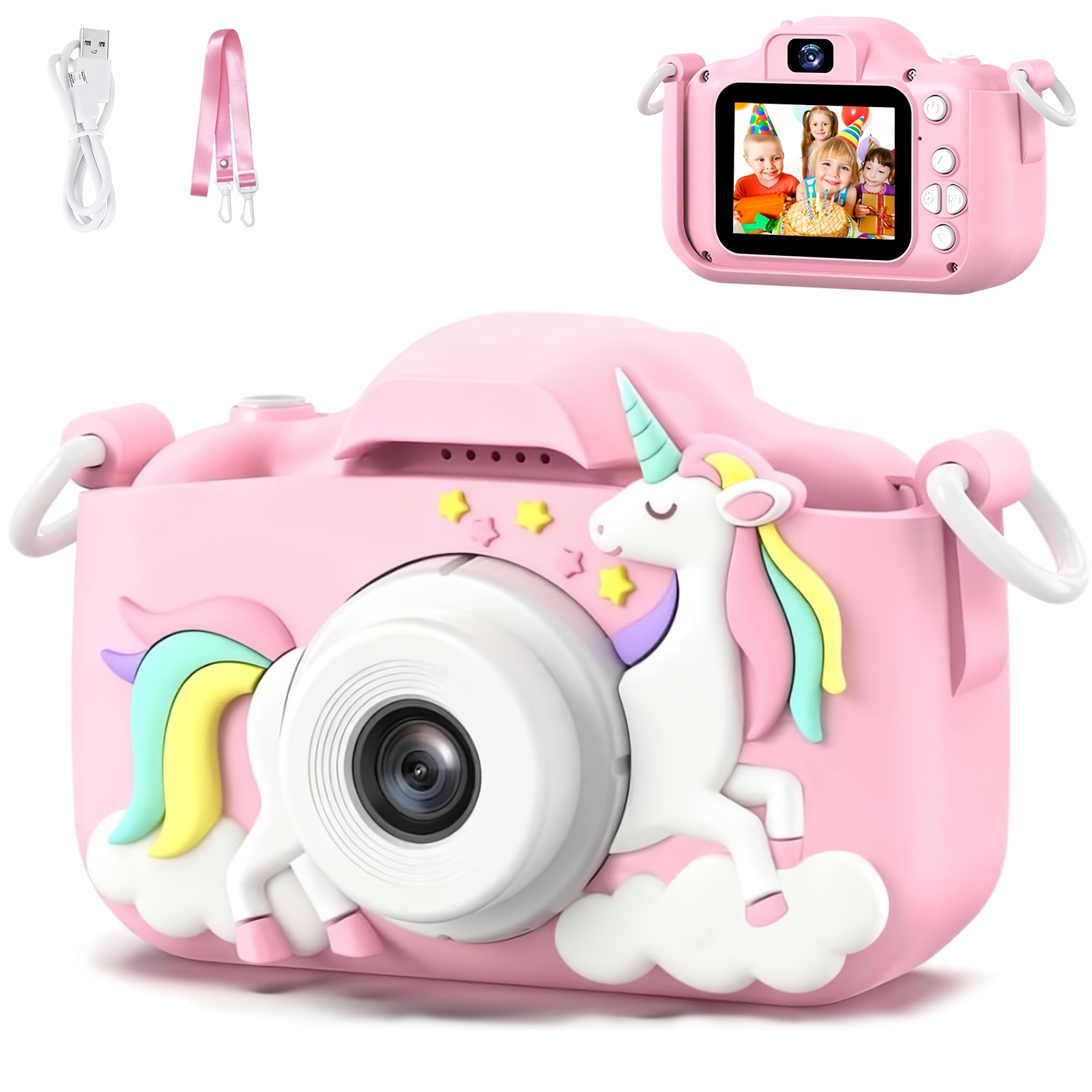 Image of Cute Unicorn Shaped Kids Camera Toy, Dual Front And Rear Lenses For Selfies, 48mp With Video Recording Function. Equipped With 5 Built-in Games And Multiple . Love For Photography, An Ideal Gift For