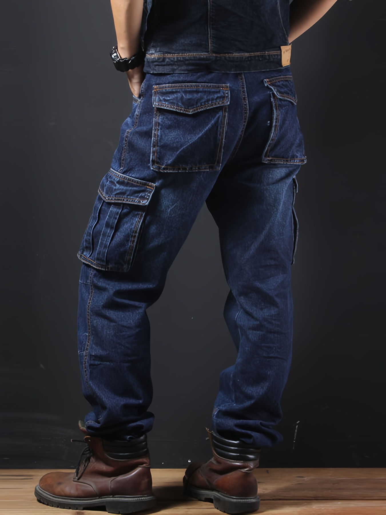Men Outdoor Casual Motorcycle Workwear Multi Pockets Denim Biker Cargo Jeans Pants