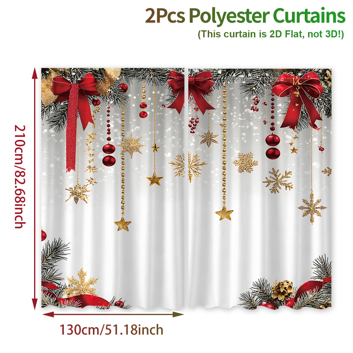 TEMU 2d Flat - 2d Flat - 2d Flat, 2pcs, Christmas Curtains, Red Bow Pattern Curtains, Rod Pocket Window Curtains 59.06inch Long, Ideal For Xmas Theme