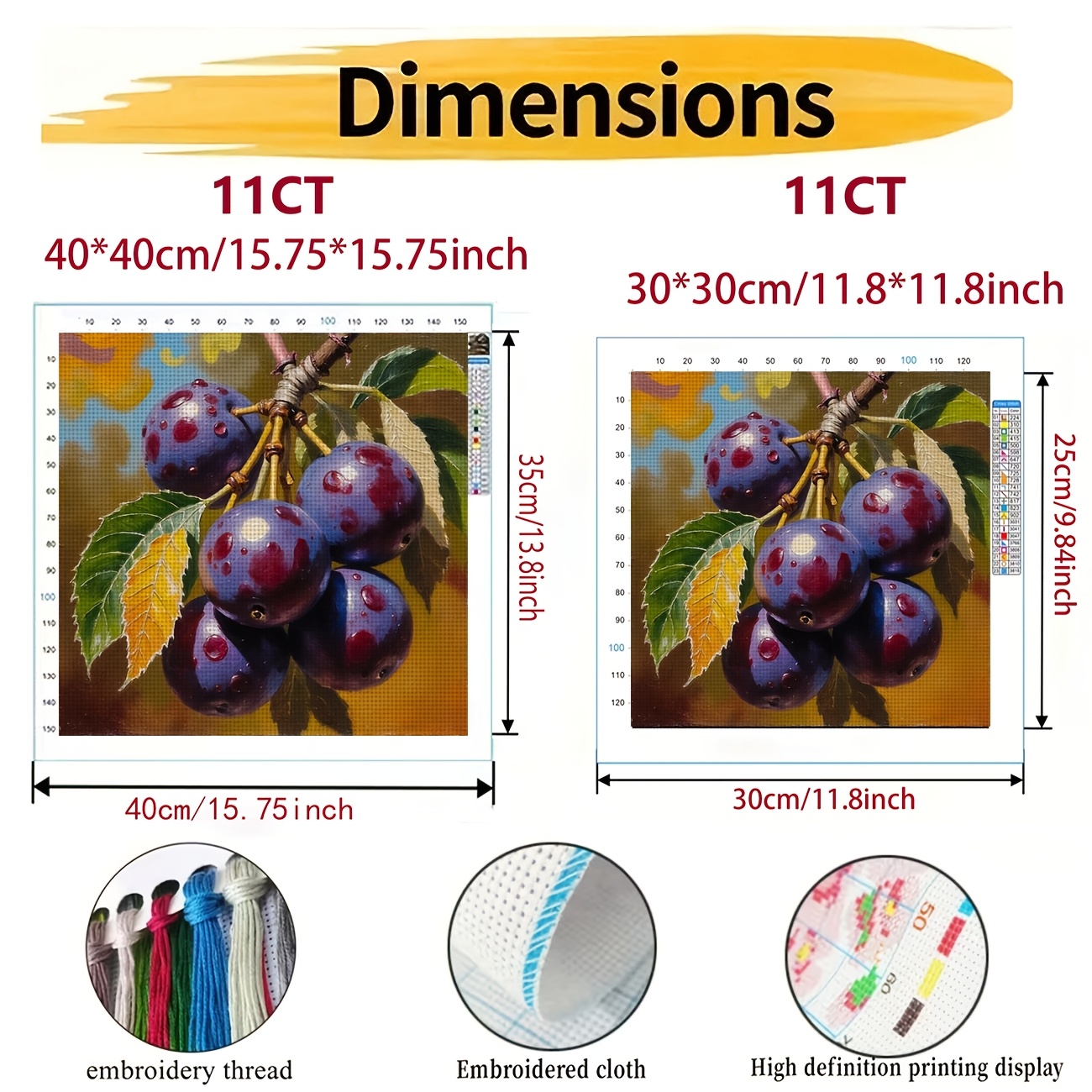 DIY Cross-stitch Printed Kit, Unframed Purple Plum Design