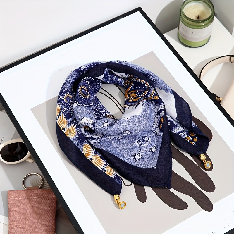 Image of 1pc Bohemian Floral Magnetic Snap Square Scarf - Elegant Print, Breathable Polyester , Versatile Fashion Accessory, Ideal For Valentine's Day, And , Cute Scarf