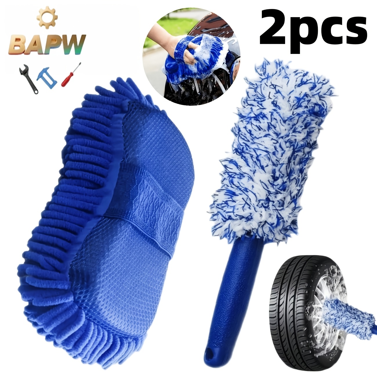 TEMU BAPW Ensemble d'outils d'entretien auto 2 pièces : Gant de lavage auto en fibre ultra-douce et brosse de roue résistante aux rayures, parfait