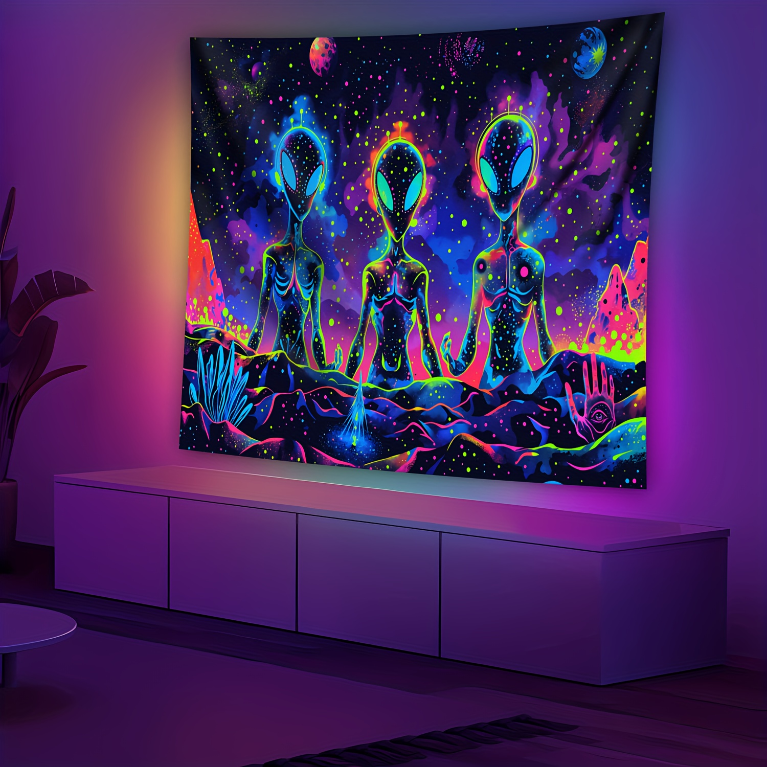 Three Mysterious Aliens Glow In Uv Light Aesthetic Wall Tapestry_voghion.com
