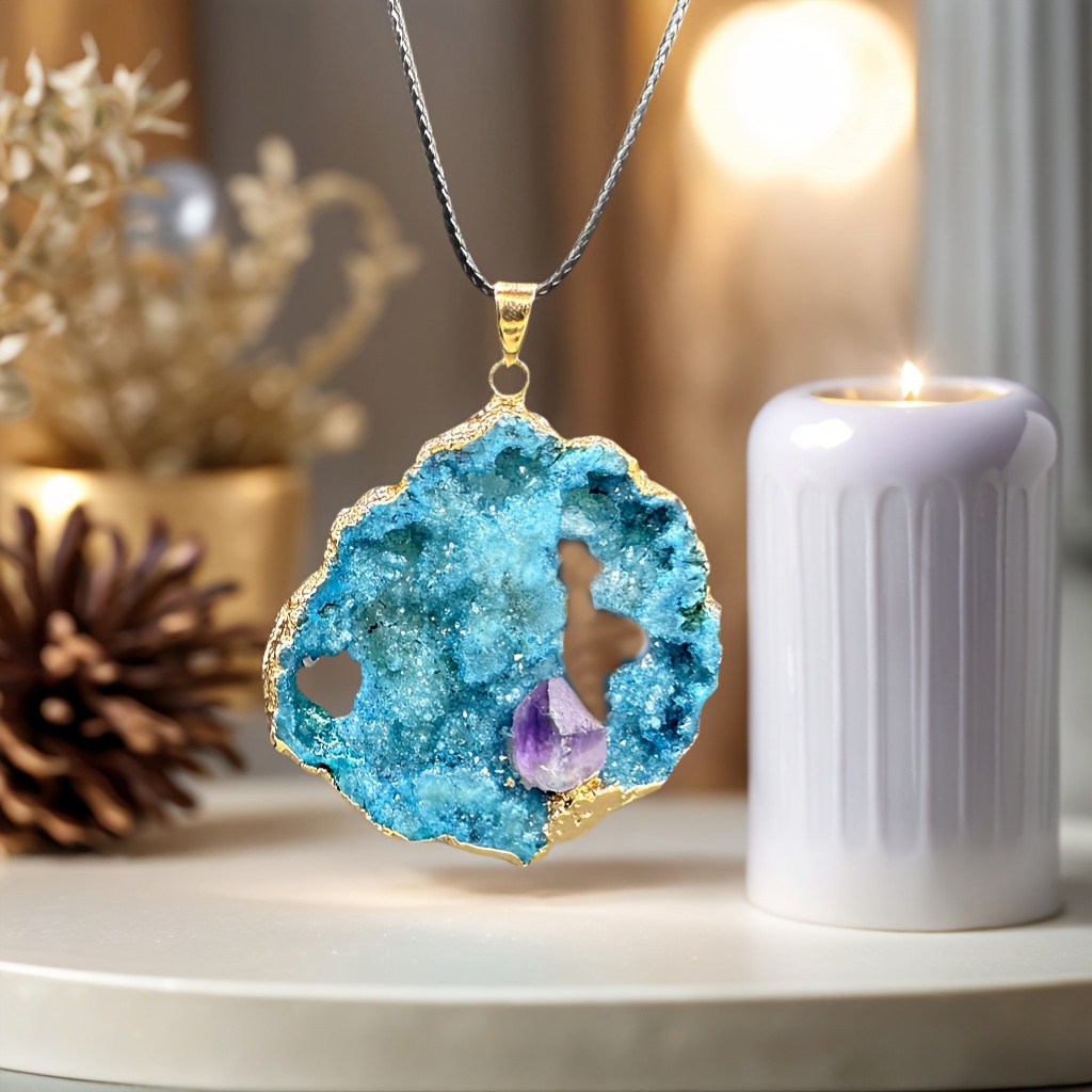Women's Blue Natural Stone Pendant Necklace, Rock Quartz