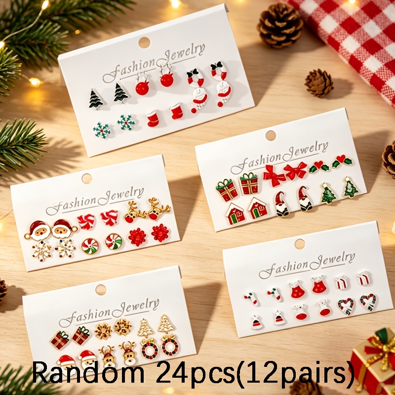 TEMU Random 24pcs 12-pair Christmas Enamel Drop Stud Earrings Set, Cartoon Christmas Tree Gift , Versatile Earrings For Holiday Parties, Gift For