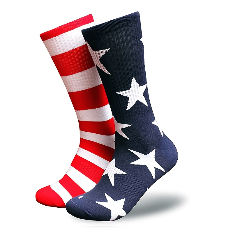 TEMU 1 Pair Men' & Women' Flag Stripe & Star - Unisex Casual Athletic Suitable For Sports, Day Gifts, Themed Events, Comfortable Striped Crew Socks