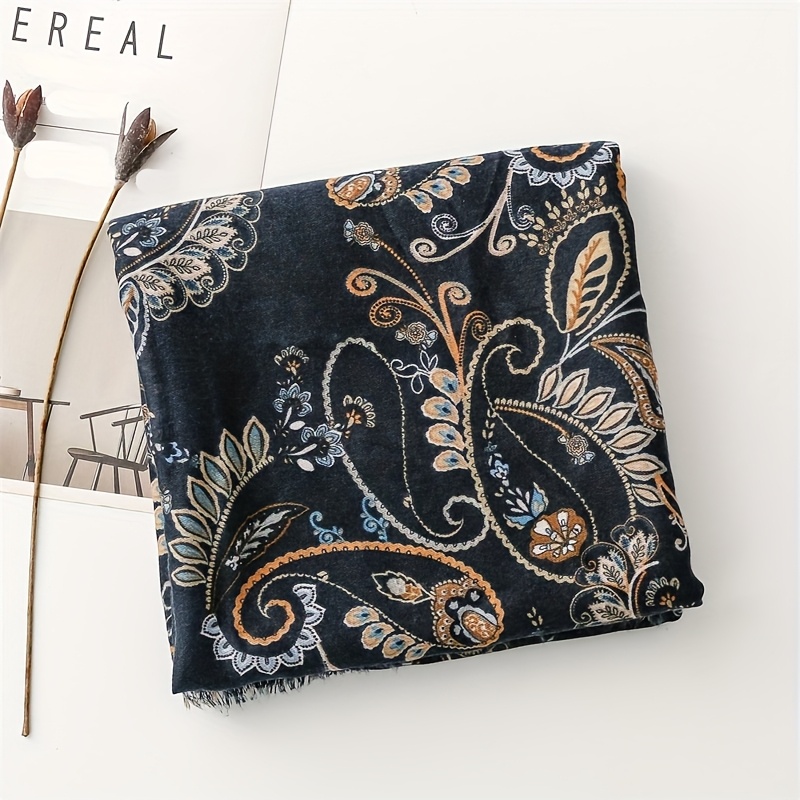 Women'S Stylish Scarf in Dark-Colored Cashew Flower with Fringed Edges, a Soft Shawl for Ladies