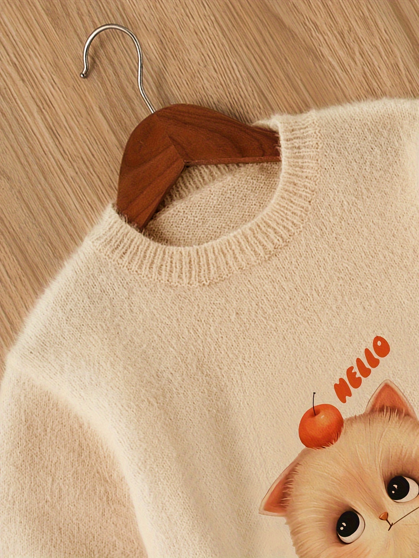 Girls Boys Cute Knitwear Kitten Graphic Solid Crew Neck Knit - Temu
