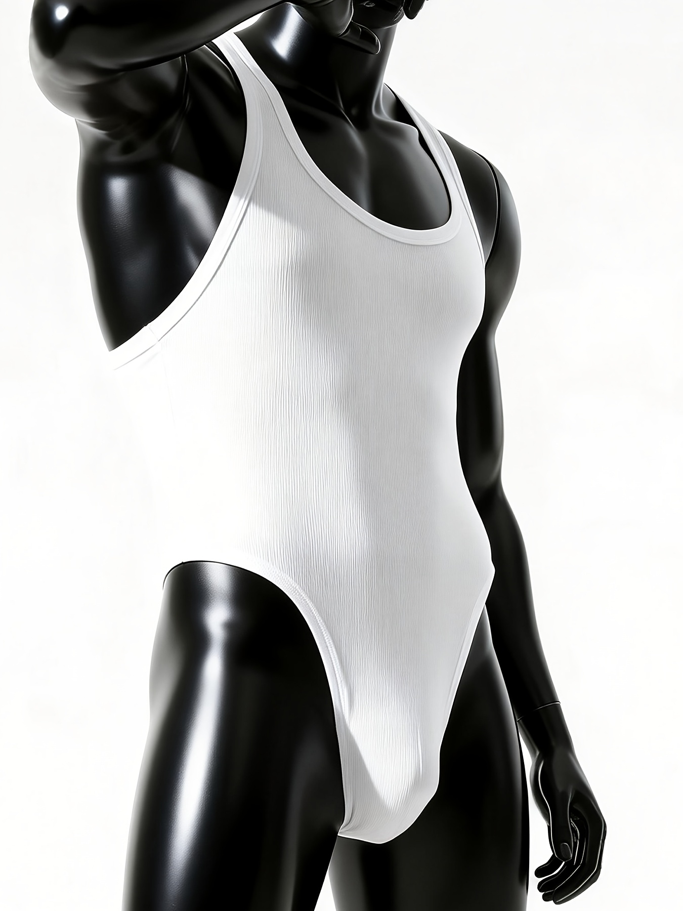 mens high thigh v back body suit   athletic style ribbed muscle shaping base layer