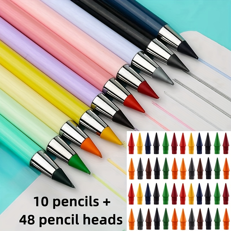 Image of 10 Pencils +48 Pencil Heads, Model Of Eternal Pencils, Exchange Colored Pencils, Hb Pencils, Perfect For Drawing And Writing