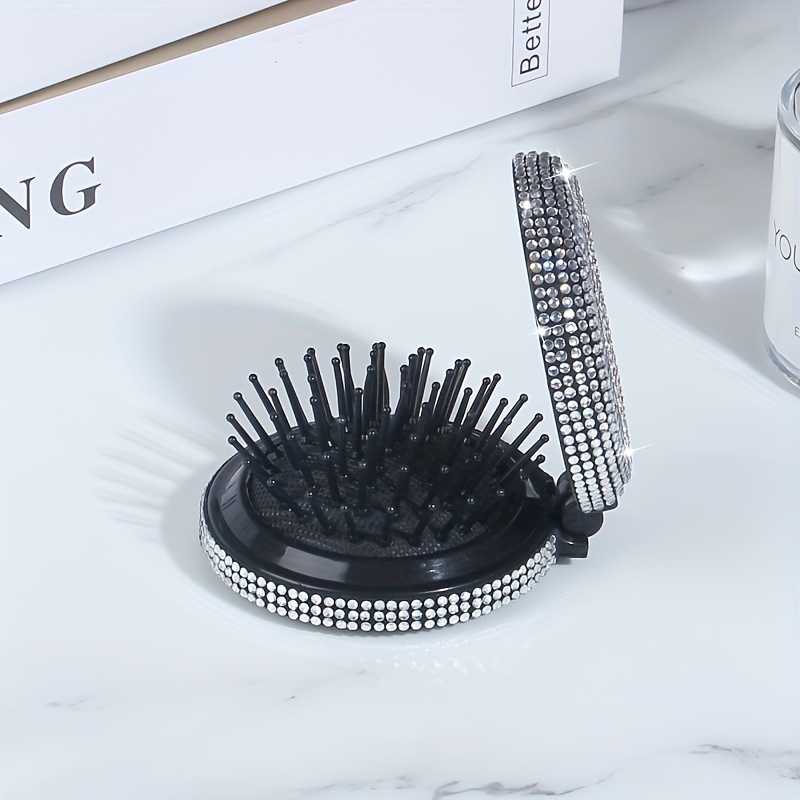 Image of Luxury -studded Folding Hair Comb With Built-in Makeup Mirror - Portable, Airbag Cushion Design Suitable For All Hairstyles