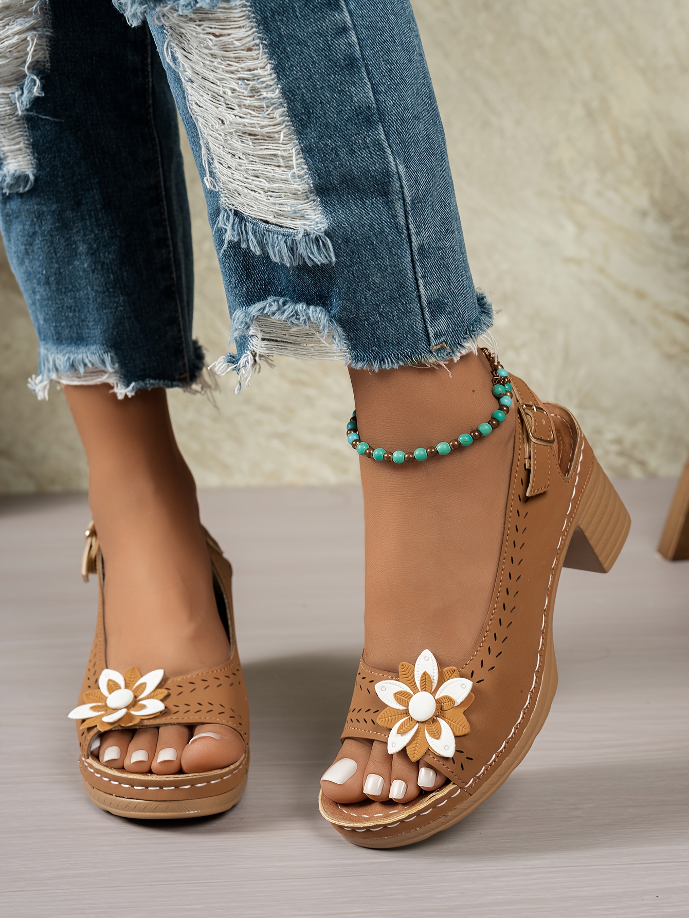 womens slip on roman bohemian high heel sandals chunky platform heels with floral cutout   toe summer   in black white   synthetic cover pu sole for casual semi formal outfits Product details 10