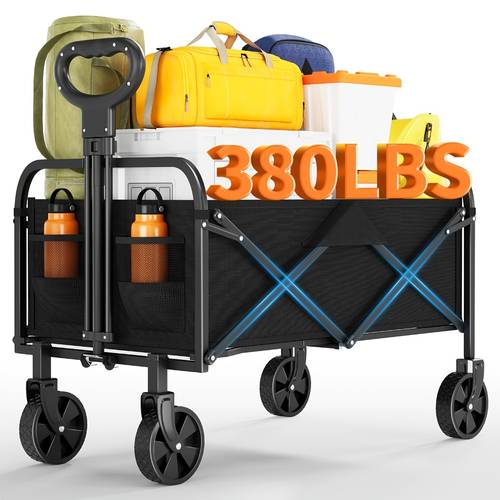 zusammenklappbarer sackwagen, 220l großraum, schwerlast-sackwagen, 170kg traglast, -terrain 360° schwenkräder, stahlrahmen, verstellbarer griff, getränkehalter, tragbarer faltwagen für garten camping strand picknick angeln