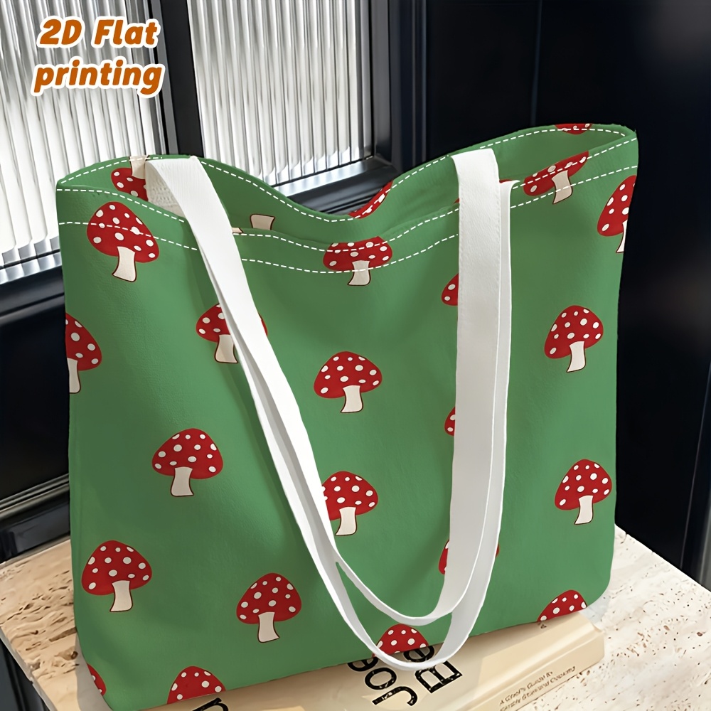 TEMU 1pc Green With White Red Mushroom Pattern Printed Women's Shoulder Bag, Crossbody Bag Hand/backpack Dual Use Reusable, Exquisite , Lightweight